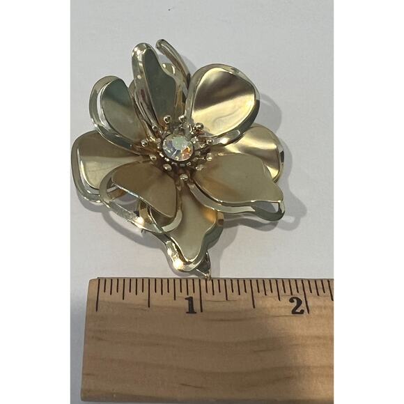 Matte Gold Tone 3D Flower With Iridescent AB Rhinestone Center Stone Brooch Pin - Picture 3 of 6